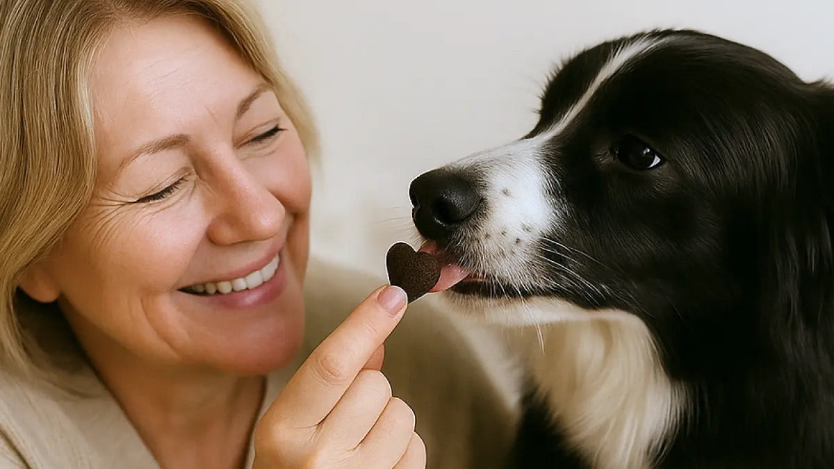 Fuel Immune Support supplement op de voorgrond met wandelende vrouw en hond in park