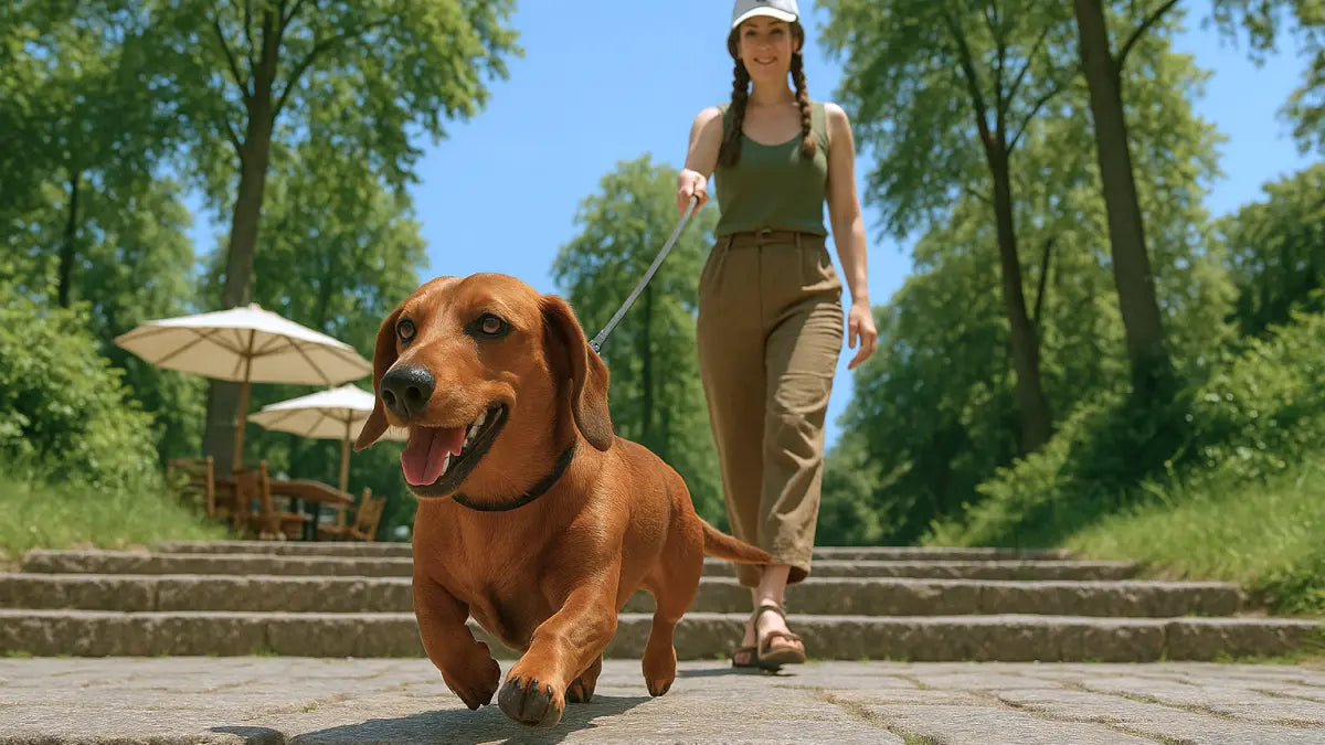 Vrolijke teckel op een zomerse wandeling met zijn baasje in het park – voorbeeld van soepele mobiliteit ondanks de warmte