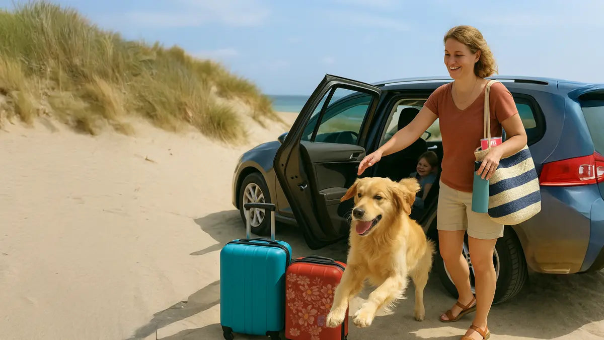 Hond springt uit auto op het strand tijdens vakantie met gezin – stressvrij reizen met hond.
