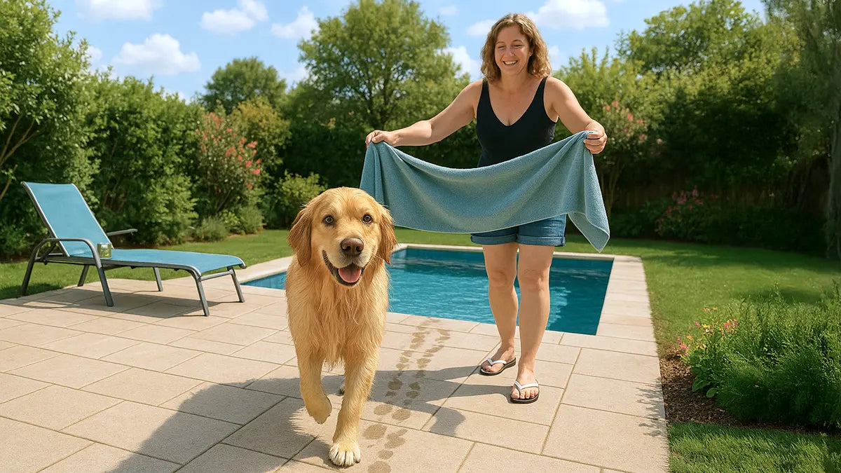 Vrolijke hond wordt afgespoeld na het zwemmen – bescherming tegen chloor en huidirritatie