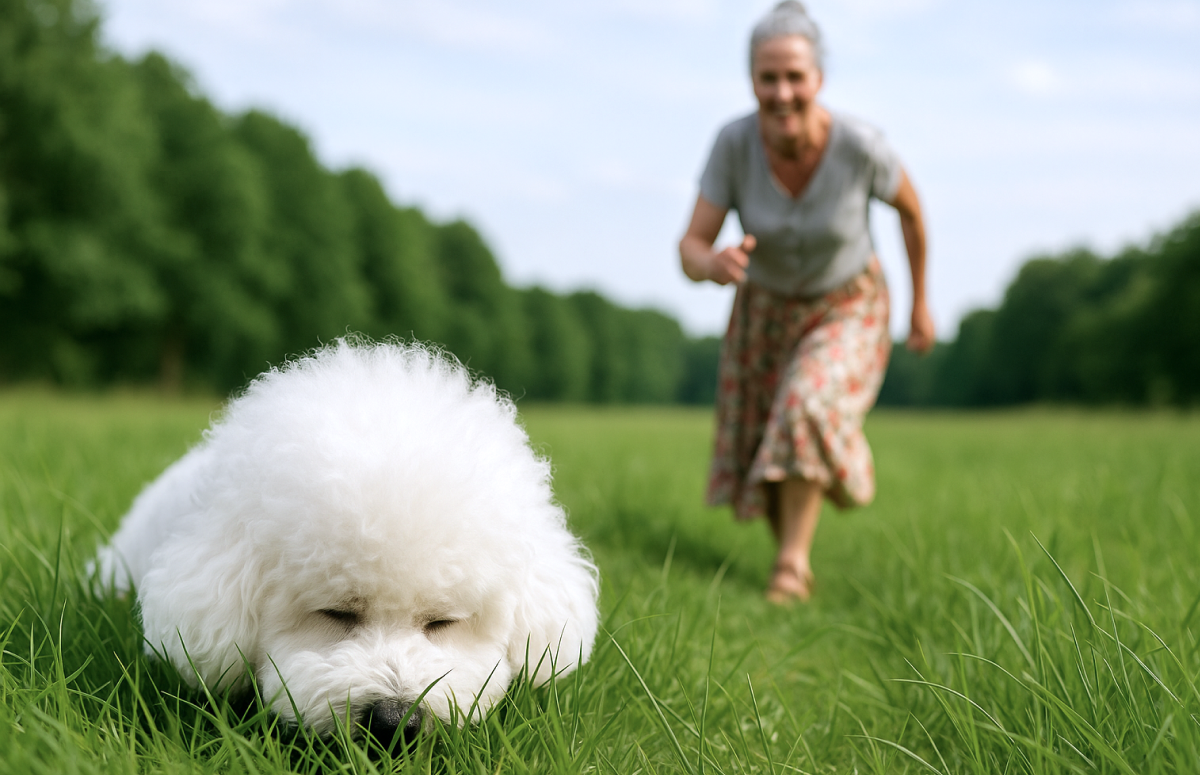 Hond ligt in gras terwijl baasje erachter loopt – zomer en buikklachten hond voorkomen.
