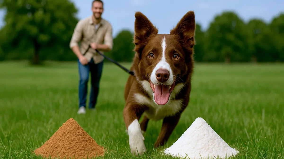 Blije hond rent naar prebiotica en probiotica poeder in het gras – Fuel supplementen